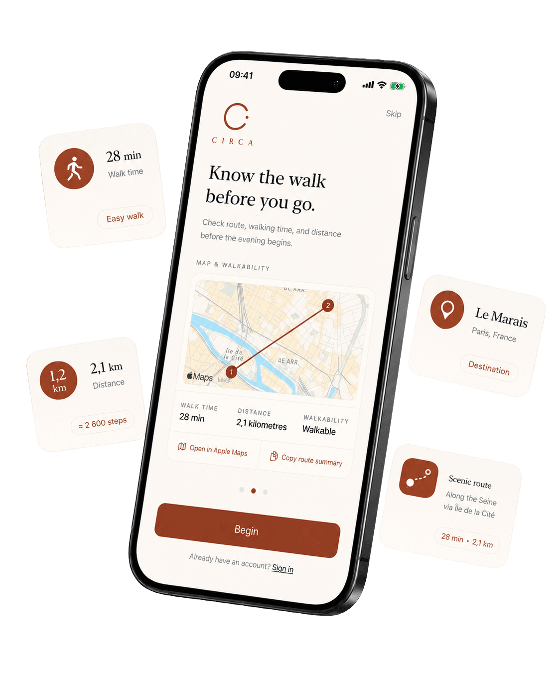 A Circa plan on iPhone showing a walking route on a map with distance and walk-time pills.