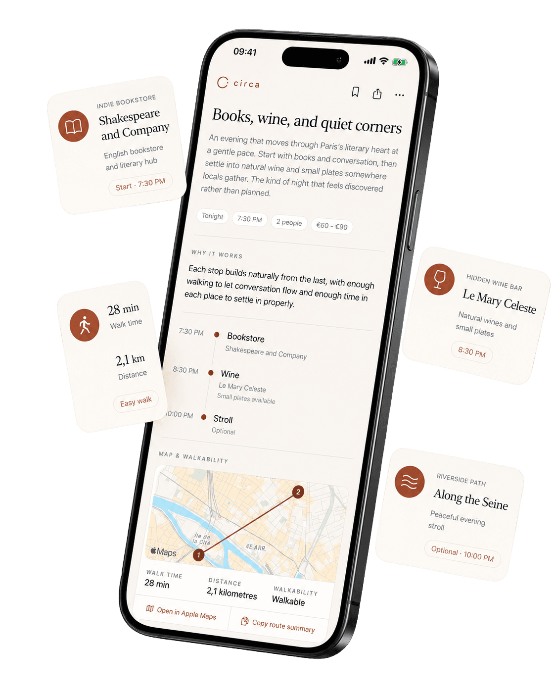 The Circa app on iPhone, showing an evening designed as a timeline with floating cards for a bookstore, a wine bar, a riverside walk, total time, and walkability.